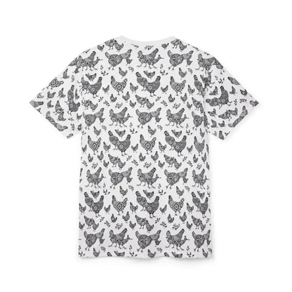 White t-shirt featuring a chicken pattern from the Chic Chicken Pattern Unisex Tee