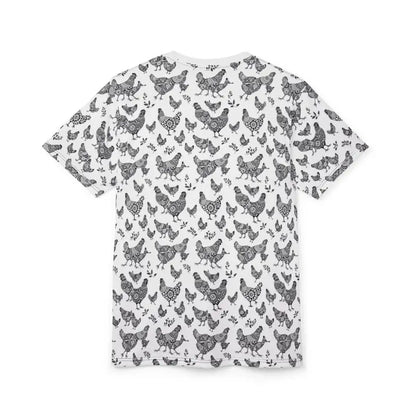 White t-shirt featuring a playful chicken pattern for a stylish farmhouse look