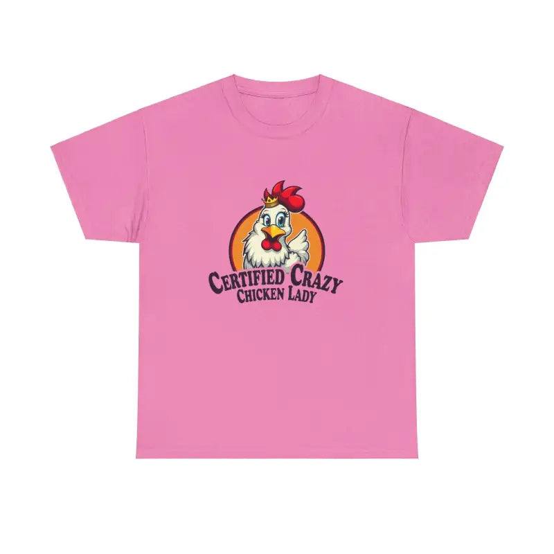 Pink Chicken Lady Heavy Cotton Unisex T-Shirt featuring a playful chicken graphic