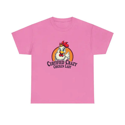 Pink Chicken Lady Heavy Cotton Unisex T-Shirt featuring a playful chicken graphic
