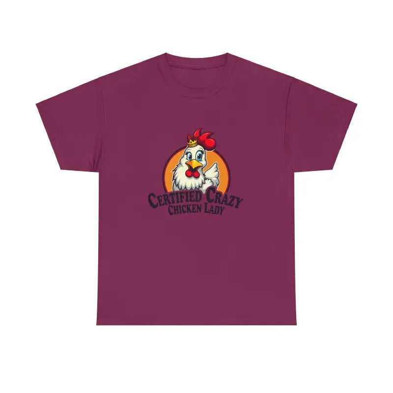 Maroon Chicken Lady Heavy Cotton Unisex T-Shirt featuring a chicken graphic design