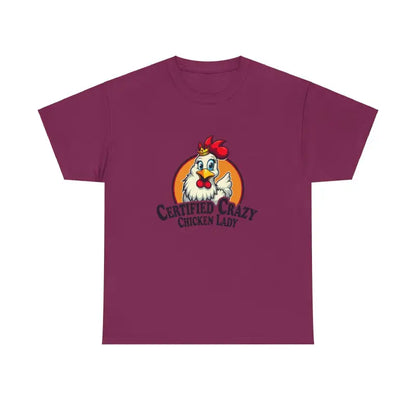 Maroon Chicken Lady Heavy Cotton Unisex T-Shirt featuring a chicken graphic design