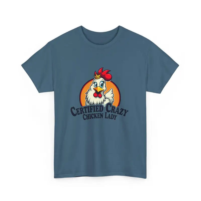 Blue Chicken Lady Heavy Cotton Unisex T-Shirt featuring a playful chicken graphic