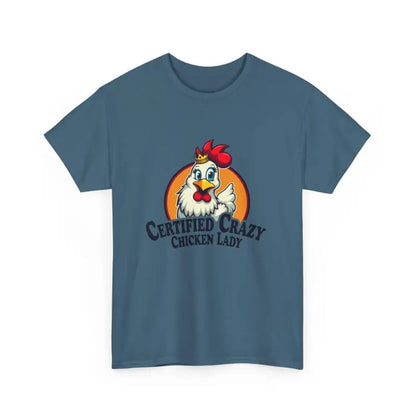 Blue Chicken Lady Heavy Cotton Unisex T-Shirt featuring a playful chicken graphic
