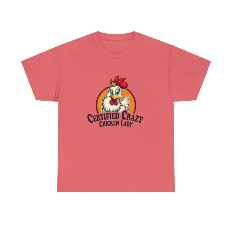 Salmon-colored Chicken Lady Heavy Cotton Unisex T-Shirt with chicken graphic design