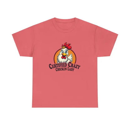 Salmon-colored Chicken Lady Heavy Cotton Unisex T-Shirt with chicken graphic design