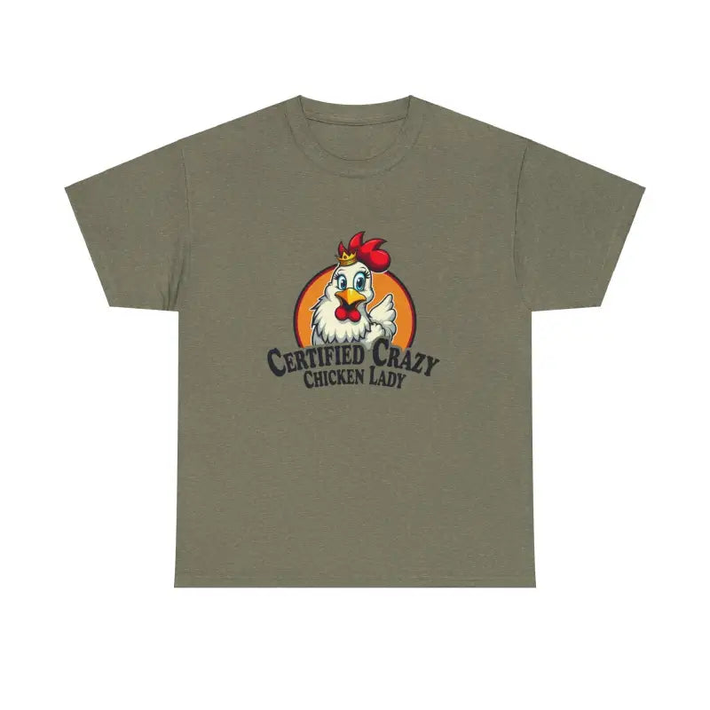 Olive green Chicken Lady Heavy Cotton Unisex T-Shirt displayed on a neutral background