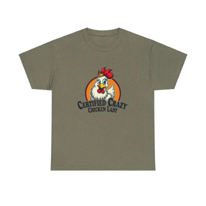 Olive green Chicken Lady Heavy Cotton Unisex T-Shirt displayed on a neutral background