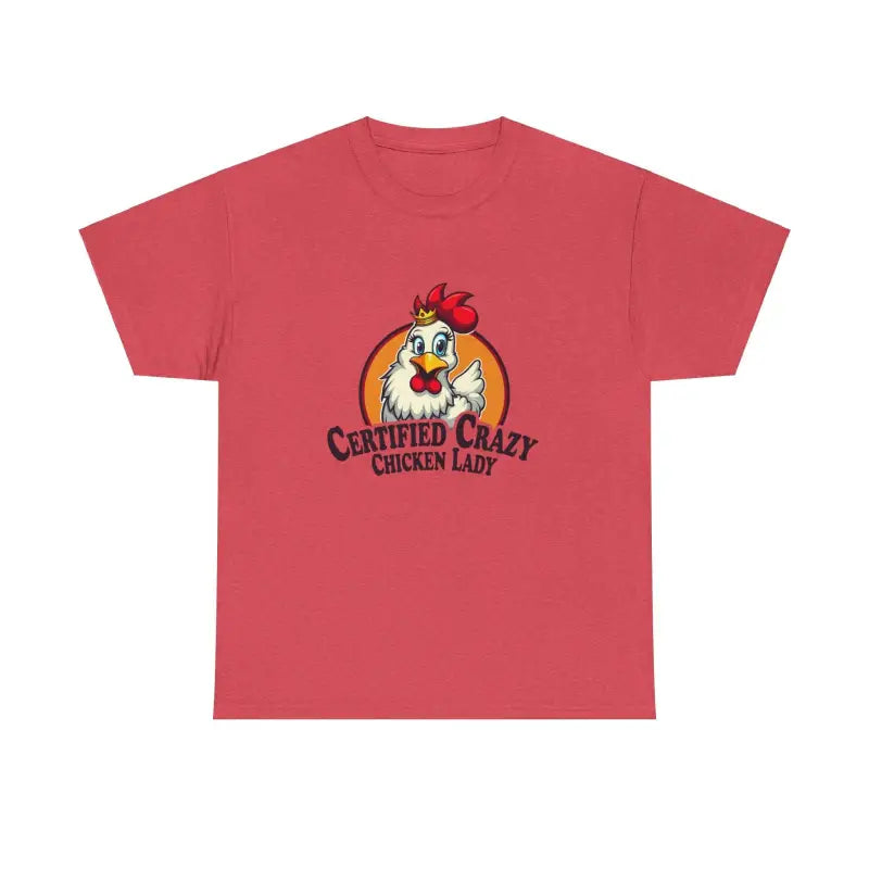 Red Chicken Lady Heavy Cotton Unisex T-Shirt featuring a vibrant chicken graphic