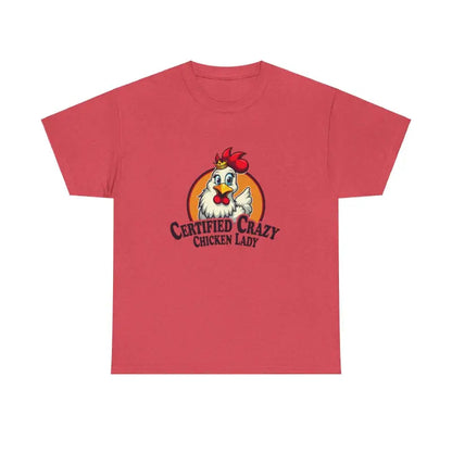Red Chicken Lady Heavy Cotton Unisex T-Shirt featuring a vibrant chicken graphic