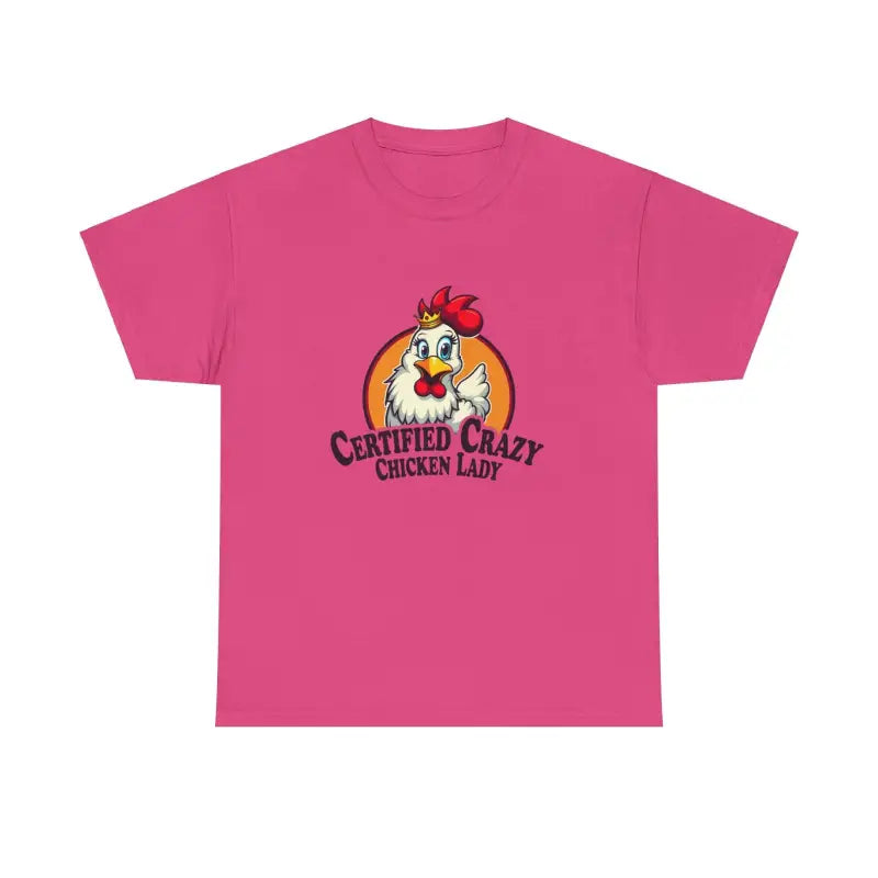 Pink Chicken Lady Heavy Cotton Unisex T-Shirt featuring a playful chicken graphic