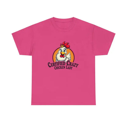 Pink Chicken Lady Heavy Cotton Unisex T-Shirt featuring a playful chicken graphic