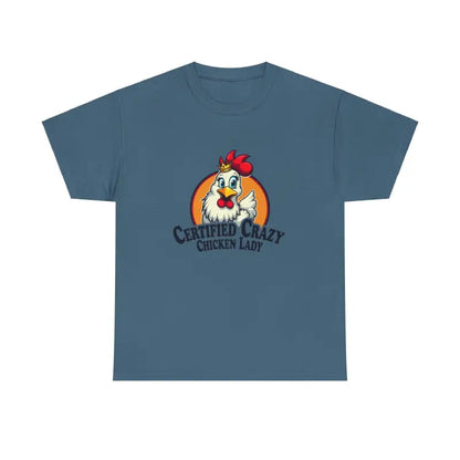 Blue Chicken Lady Heavy Cotton Unisex T-Shirt featuring a whimsical chicken graphic