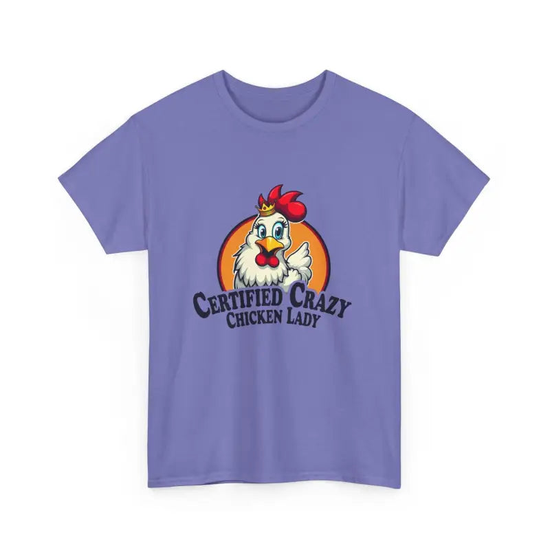 Lavender Chicken Lady Heavy Cotton Unisex T-Shirt featuring a chicken graphic design