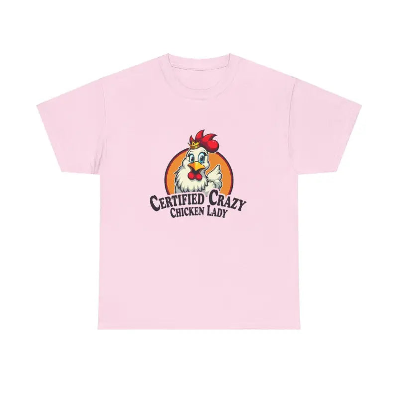 Pink Chicken Lady Heavy Cotton Unisex T-Shirt featuring a charming chicken graphic