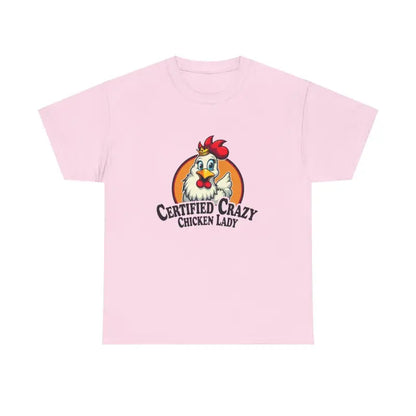 Pink Chicken Lady Heavy Cotton Unisex T-Shirt featuring a charming chicken graphic