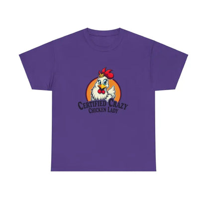 Purple Chicken Lady Heavy Cotton Unisex T-Shirt featuring a chicken graphic design