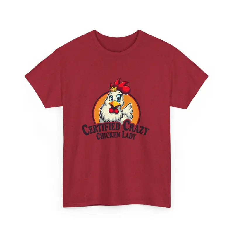 Maroon Chicken Lady Heavy Cotton Unisex T-Shirt featuring a playful chicken graphic