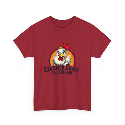 Maroon Chicken Lady Heavy Cotton Unisex T-Shirt featuring a playful chicken graphic