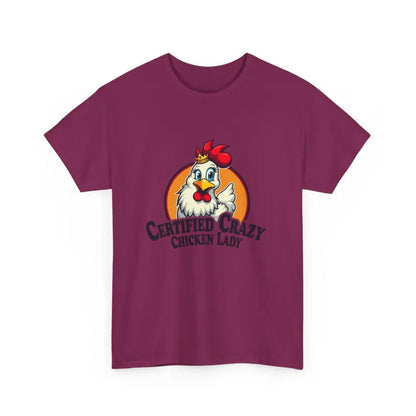 Maroon Chicken Lady Heavy Cotton Unisex T-Shirt featuring a playful chicken graphic