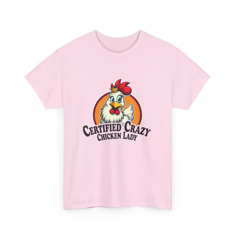 Pink Chicken Lady Heavy Cotton Unisex T-Shirt featuring a chicken graphic design