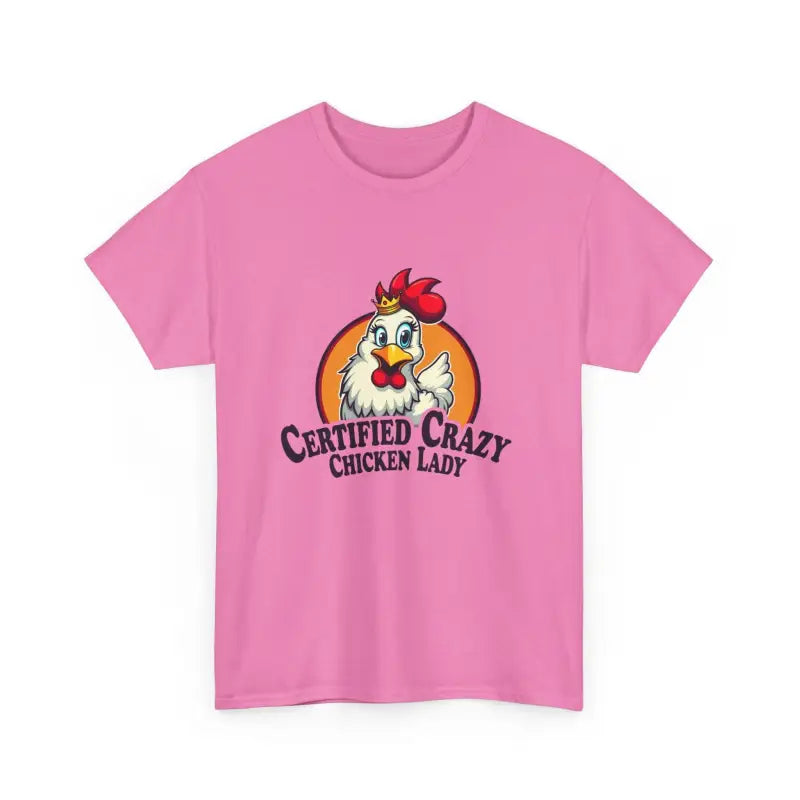 Pink Chicken Lady Heavy Cotton Unisex T-Shirt featuring a playful chicken graphic