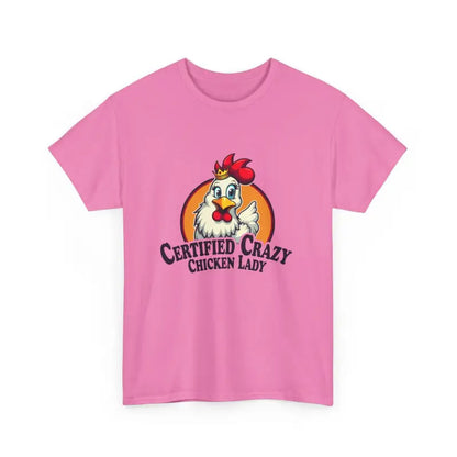 Pink Chicken Lady Heavy Cotton Unisex T-Shirt featuring a playful chicken graphic