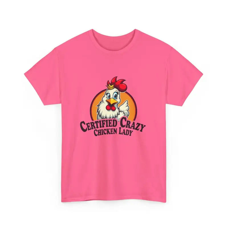 Pink Chicken Lady Heavy Cotton Unisex T-Shirt featuring a whimsical chicken graphic