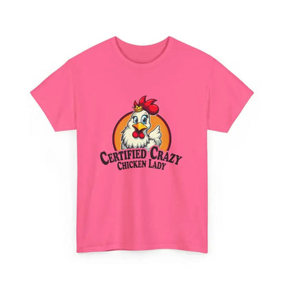 Pink Chicken Lady Heavy Cotton Unisex T-Shirt featuring a whimsical chicken graphic