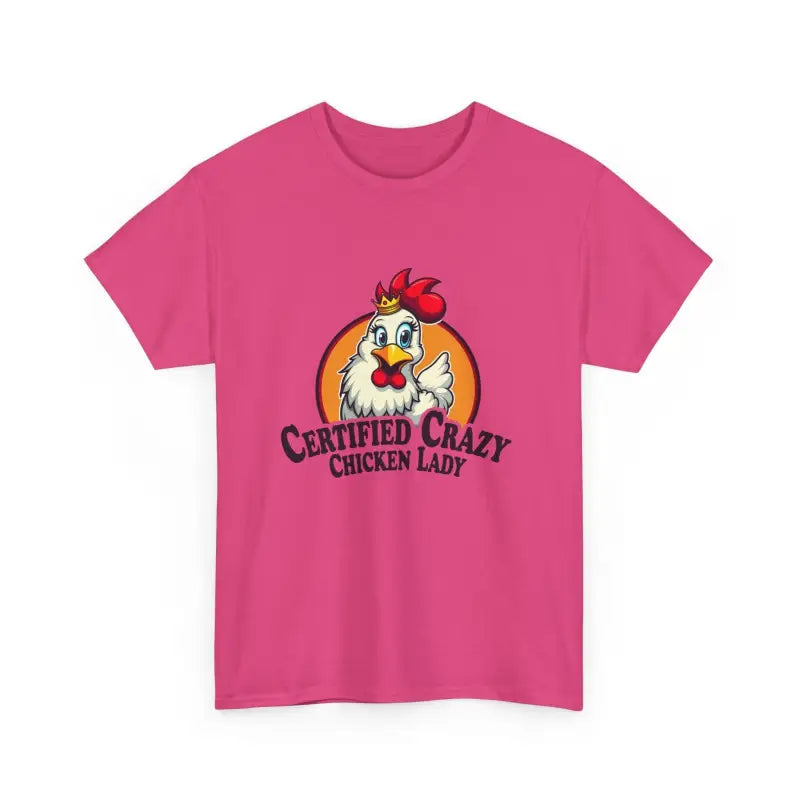 Pink Chicken Lady Heavy Cotton Unisex T-Shirt featuring a playful chicken graphic