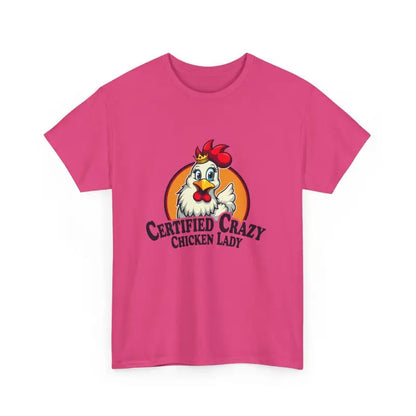 Pink Chicken Lady Heavy Cotton Unisex T-Shirt featuring a playful chicken graphic