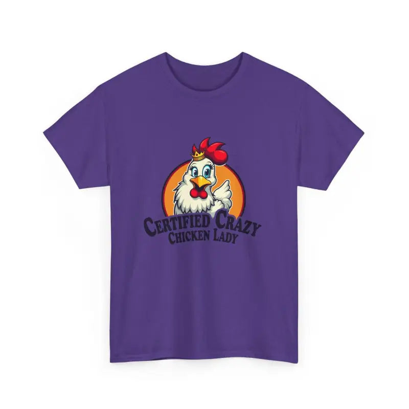Purple Chicken Lady Heavy Cotton Unisex T-Shirt featuring a vibrant chicken graphic