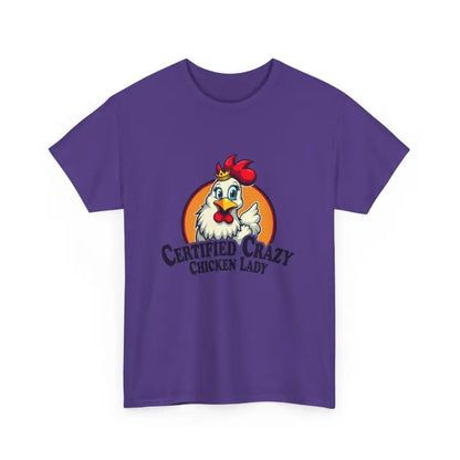 Purple Chicken Lady Heavy Cotton Unisex T-Shirt featuring a vibrant chicken graphic