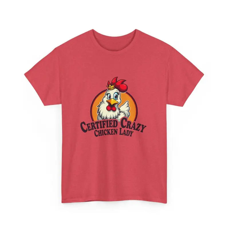 Red Chicken Lady Heavy Cotton Unisex T-Shirt featuring a vibrant chicken graphic