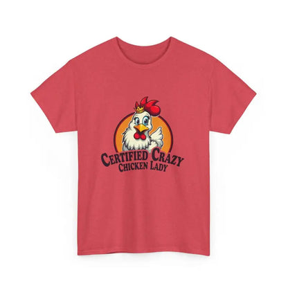 Red Chicken Lady Heavy Cotton Unisex T-Shirt featuring a vibrant chicken graphic
