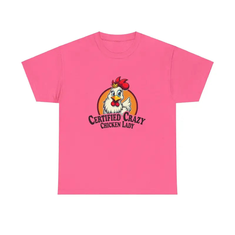 Pink Chicken Lady Heavy Cotton Unisex T-Shirt featuring a fun chicken graphic design