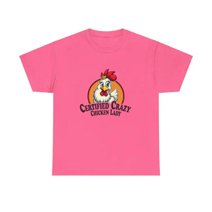 Pink Chicken Lady Heavy Cotton Unisex T-Shirt featuring a fun chicken graphic design