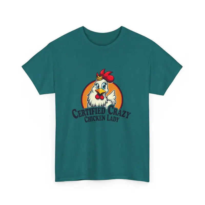Teal t-shirt featuring chicken graphic from Chicken Lady Heavy Cotton Unisex T-Shirt