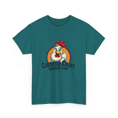 Teal t-shirt featuring chicken graphic from Chicken Lady Heavy Cotton Unisex T-Shirt