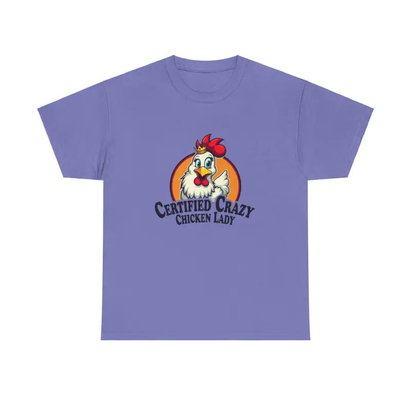 Lavender Chicken Lady Heavy Cotton Unisex T-Shirt featuring a chicken graphic