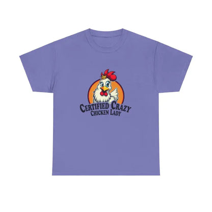 Lavender Chicken Lady Heavy Cotton Unisex T-Shirt featuring a chicken graphic