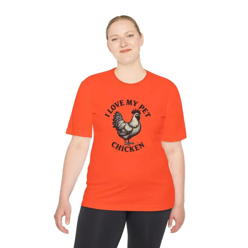 Orange Chicken Lover Unisex Spork Tek Tee for Active Pet Owners featuring a chicken graphic