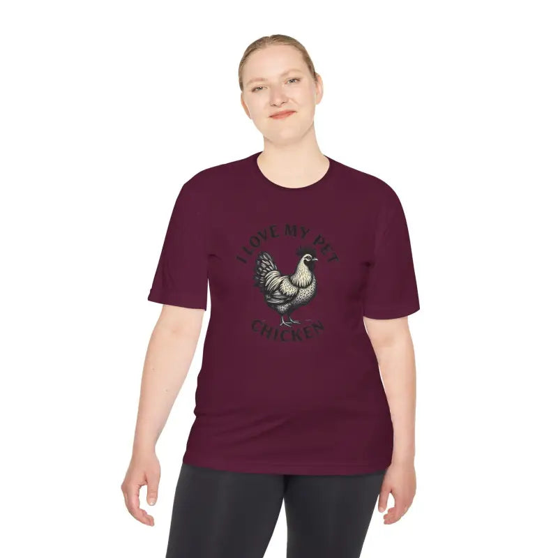 Maroon Chicken Lover Unisex Spork Tek Tee featuring a chicken graphic for pet owners