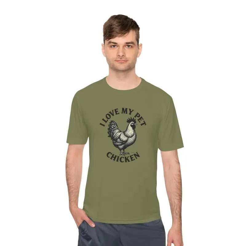 Olive green Chicken Lover Unisex Spork Tek Tee for Active Pet Owners displayed
