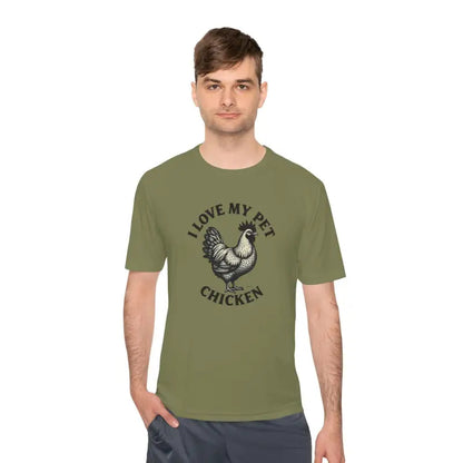 Olive green Chicken Lover Unisex Spork Tek Tee for Active Pet Owners displayed