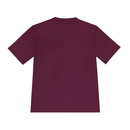 Maroon Chicken Lover Unisex Spork Tek Tee for Active Pet Owners displayed on a hanger