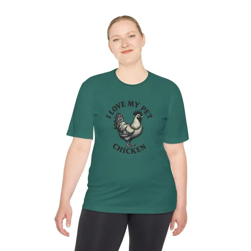 Green Chicken Lover Unisex Spork Tek Tee for Active Pet Owners showcasing chicken graphic