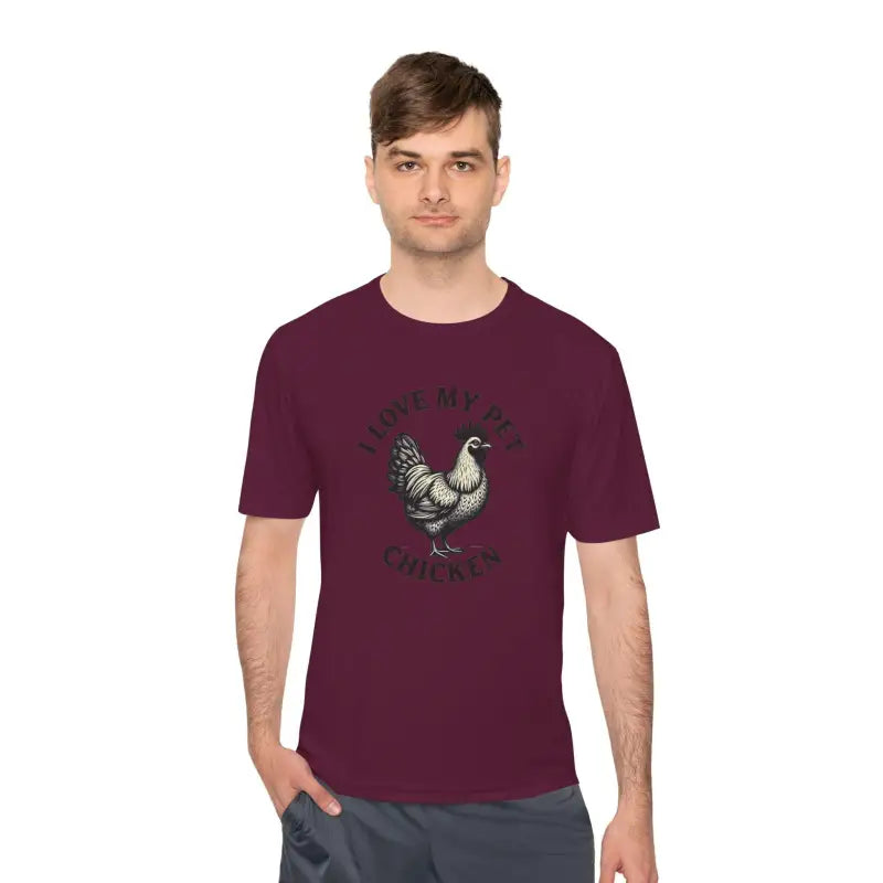 Maroon t-shirt featuring a chicken graphic for Chicken Lover Unisex Spork Tek Tee