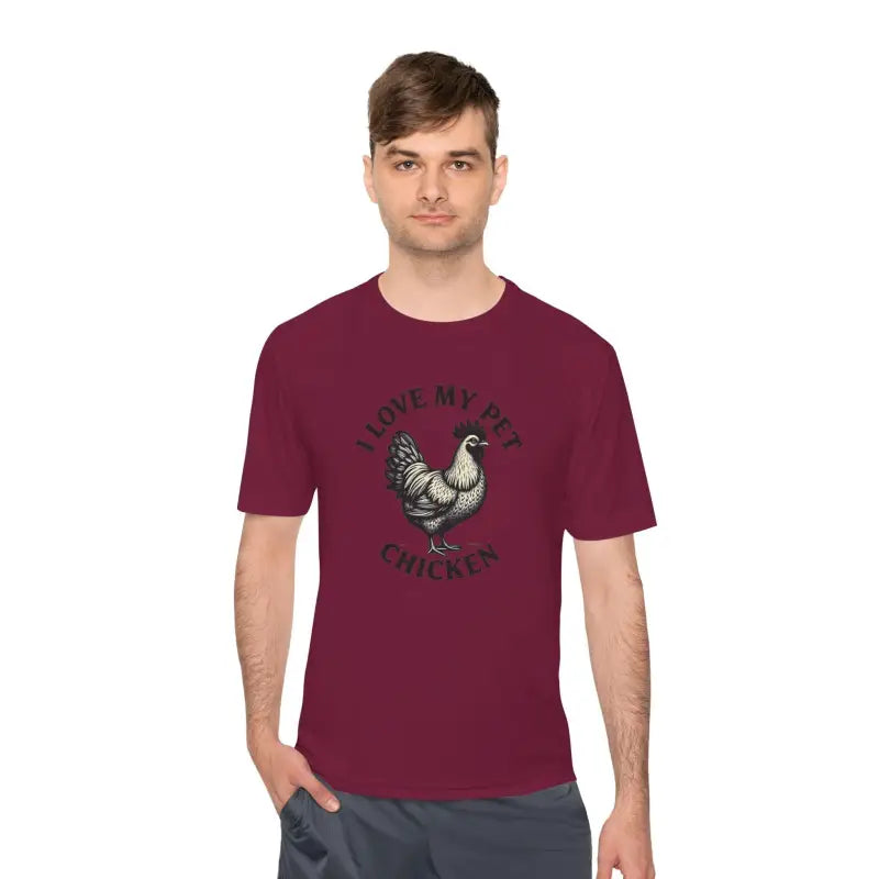 Burgundy Chicken Lover Unisex Spork Tek Tee for Active Pet Owners featuring chicken graphic