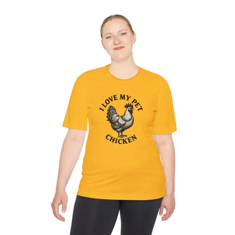 Yellow t-shirt featuring a chicken graphic from Chicken Lover Unisex Spork Tek Tee